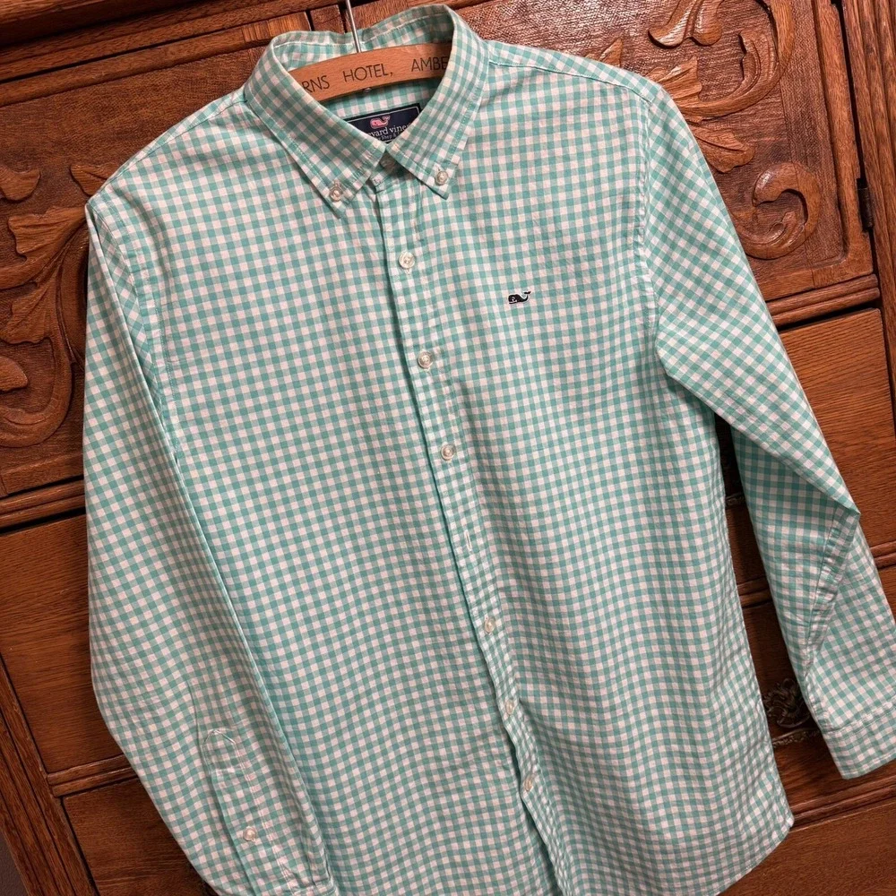 Vineyard Vines‎ Whale Shirt Long Sleeve Button Blue Gingham Boy's Size L or 16